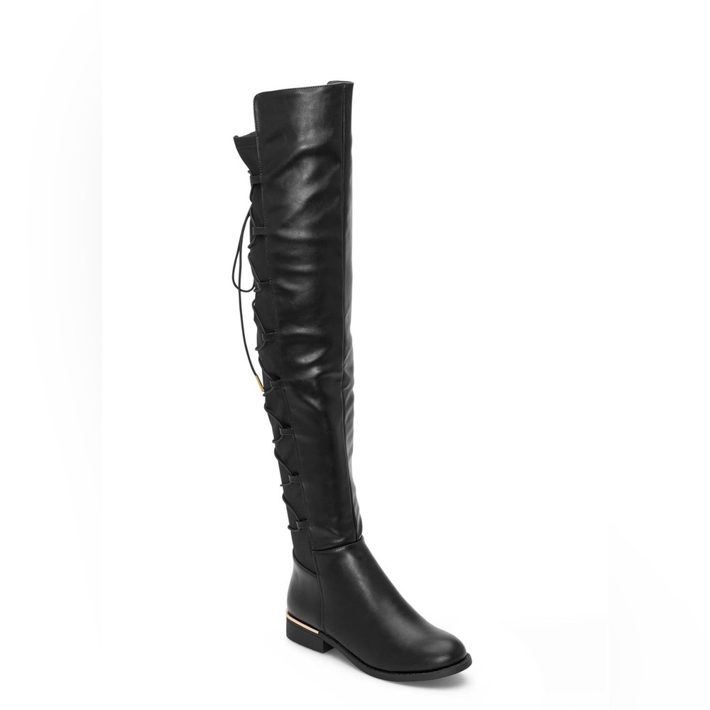 BLACK LEATHER LACE UP BACK THIGH HIGH OVER THE KNEE FLAT WINTER BOOTS